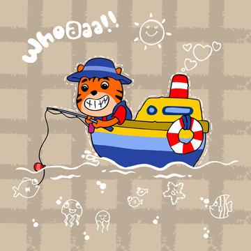cute tiger fishing in the sea with little boat. vector cartoon illustration