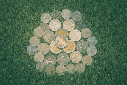 Thai baht coins with grass in background, Thai currency for exchange, save and invest..
