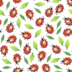 Pencil drawind seamless pattern of red bug and green leaves