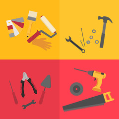 Flat repair and construction working tools icon set. Industrial Instrument isolated.