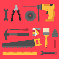 Flat repair and construction working tools icon set. Industrial Instrument isolated.