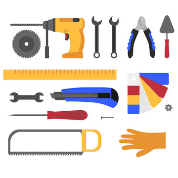 Flat repair and construction working tools icon set. Industrial Instrument isolated.
