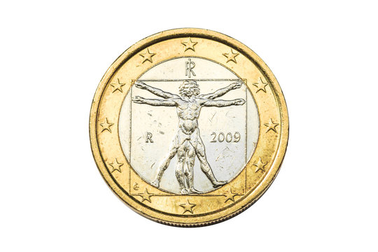 Italian coin of one euro closeup with symbol: Vitruviano man of Leonardo da Vinci from Italy. Isolated on white studio background.