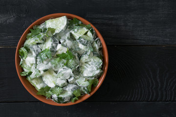 Cucumber salad with yogurt dressing on the black wooden background with copy space