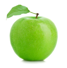 Green apple with leaf isolated on white background