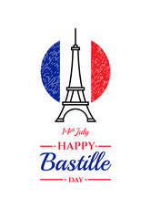 Happy Bastille day, 14th July. French national holiday, vector design element suitable for banner or poster. Linear abstract illustration of the Eiffel Tower with National flag of France