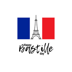 Happy Bastille day, 14th July. French national holiday, vector design element suitable for banner or poster. Linear abstract illustration of the Eiffel Tower with National flag of France