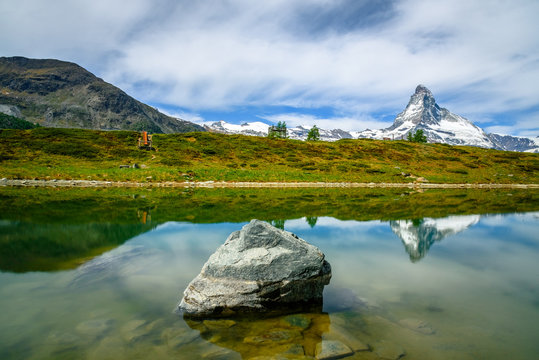 Reflection of the Matterhorn in the Lake Leisee in Sunnega, Zermatt, Switzerland