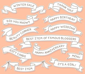 Hand Drawn Ribbon Banners Set with Handwritten Messages. Design Element. 