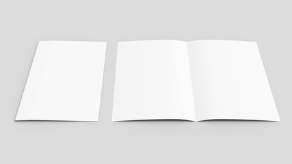 Bi fold brochure mock up isolated on soft gray background. 3D illustrating.