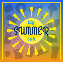 Big summer sale banner, signboard with sun and summer items on blue and yellow background