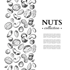 Fotobehang Nuts vector vintage frame illustration. Hand drawn engraved food objects. © Maria.Epine