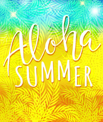 Aloha summer. Vector bright poster with palm and lettering. Summer background
