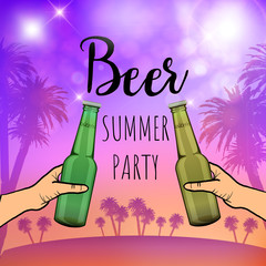 Beer summer party poster. Bright poster with beer bottles and palm. Summer party