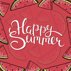 Vector summer poster with watermelon. Vector illustration. Happy summer