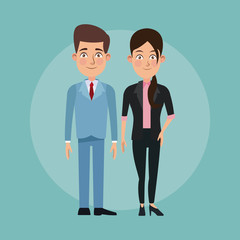 color background full body set pair of elegant executives woman ponytail hairstyle and man haircut