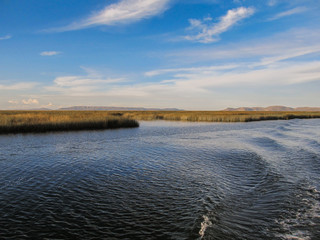 A view from the boat of Lake Titicaca in Puno, Peru