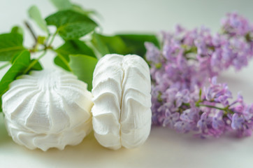 White marshmallow and a twig of lilac on a white background. Fresh spring still life