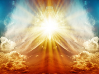 Abstract. Fog and clouds looking up into a fantasy multicolored sky. The bright red sun illuminates the whole picture.