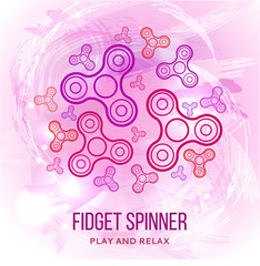 Fidget spinner watercolor pink background with outline icons of modern rotating toys vector illustration