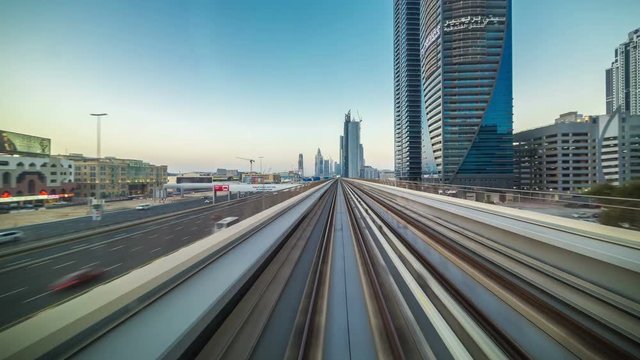 POV timelapse journey on the driverless elevated Rail Metro System, running alongside the Sheikh Zayed Road