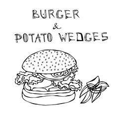 Big Hamburger or Cheeseburger with Potato Wedges. Burger Lettering. Isolated On a White Background. Realistic Doodle Cartoon Style Hand Drawn Sketch Vector Illustration.