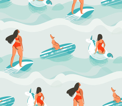 Hand drawn vector abstract fun summer time fabric seamless pattern with surfer girls,swimming unicorn circle,cute dog on surfboard isolated on blue water waves background