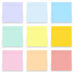 Set of blank pastel and colorful sticky notes isolated on white background with transparency shadows. Vector illustration.