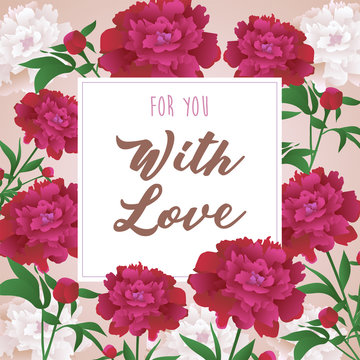 
Vector card template with beautiful peony flowers and text frame