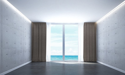 Obraz premium The 3D rendering interior scene design of minimal living room and sea view and concrete wall