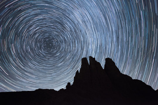 Startrail over the Vajolet towers in Dolomites