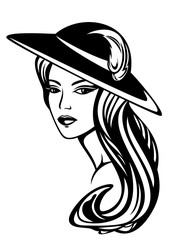 elegant woman with long hair wearing hat - black and white vector design