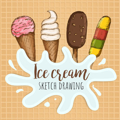 Ice cream poster design. Vector sketch drawing ice cream. Milk spray and waffle background