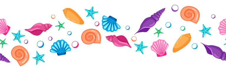 Banner with hand drawn seashells and starfishes forming a wave. Cartoon style.