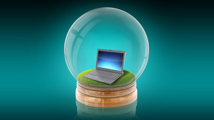 Transparent sphere ball with a laptop inside. 3D rendering.