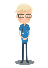 お辞儀をする青い手術着の医者