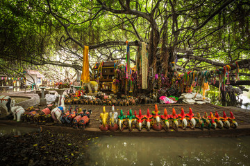 shrine located at the base of banyan tree, Sai Ngam park, Phimai District, Nakhon Ratchasima Province, Thailand
