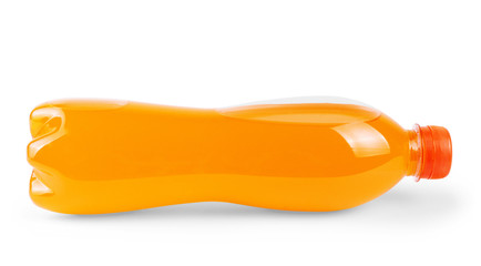 Small plastic bottle of orange soda isolated on white