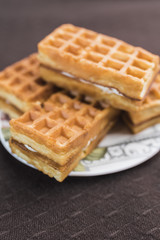 Sweet Viennese waffles with white filling lie on a saucer on a dark brown background, vertical frame