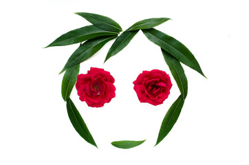 Summer abstract composition - silhouette of a face from green leaves and roses. The concept of natural beauty and love of nature..