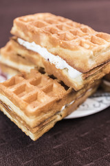 Viennese waffles with vanilla-cream filling are on a saucer on a dark brown background, a vertical frame close-up.