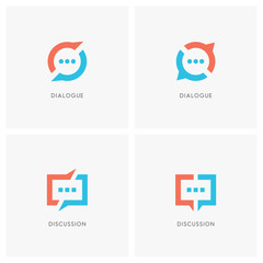 Dialogue and discussion logo set. Split chat symbol, two speakers have a conversation  - communication, business and teamwork icons.