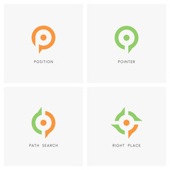 Position pointer logo set. Place or address symbol, path search and target sign - location, destination and navigation icons.