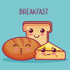 Kawaii bread and cheese over teal background vector illustration