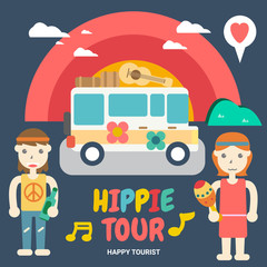 Hippie Tour and Happy Tourist , Flat Design Elements. Vector Illustration.