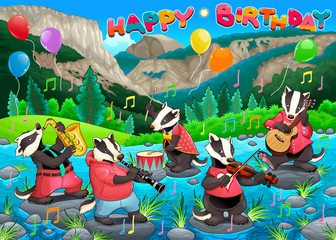 Happy Birthday card with funny badgers playing music
