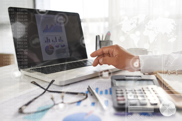 Close-up shot of unrecognizable white collar worker analyzing results of accomplished work with help of laptop, collage