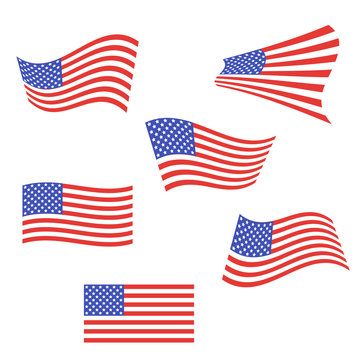 Set of American flags. US flags are flapping in the wind. Vector illustration