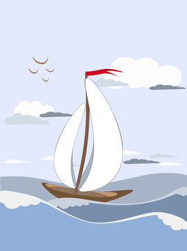 Sailboat sails on the waves with white sails with.