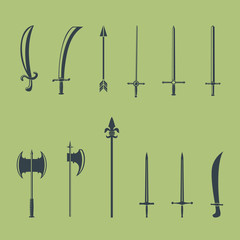 Set of medieval bladed weapons. Collection icons gray on olive background. Vector illustration.